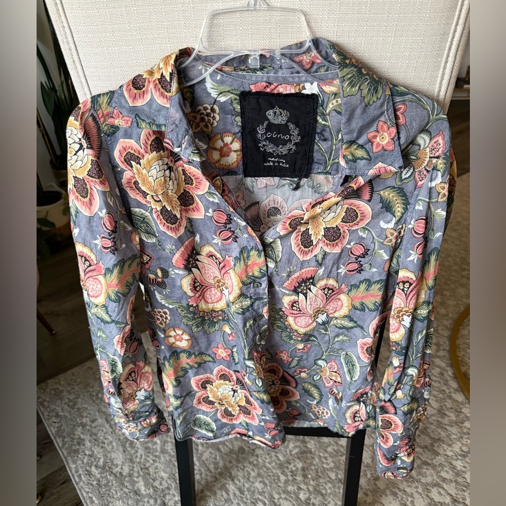 Cino Floral Gray/Blue Button Up Paisley 100% Cotton Shirt, M, EUC